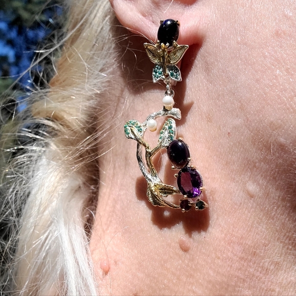 INCREDIBLE fancy Floral Black Opal Aquamarine Amethyst Kyanite & Pearl earrings - Picture 9 of 11